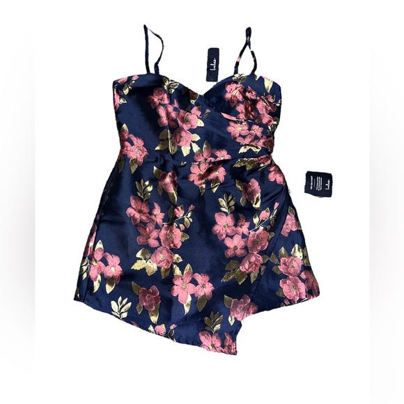 Navy Blue Floral Jacquard Skort Romper - Picture 2 of 5